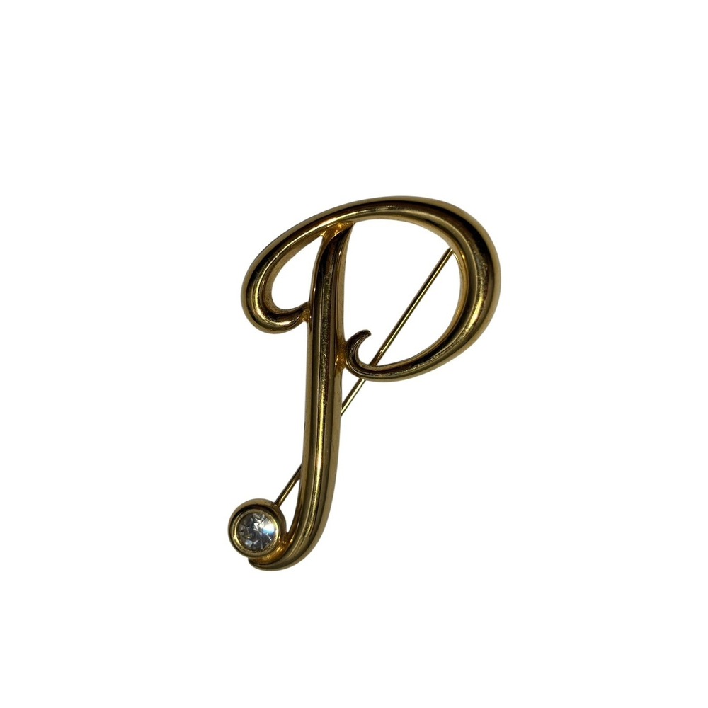 Vintage Monet Gold Tone Cursive Script Letter 'P' Rhinestone Accent Brooch Pin
